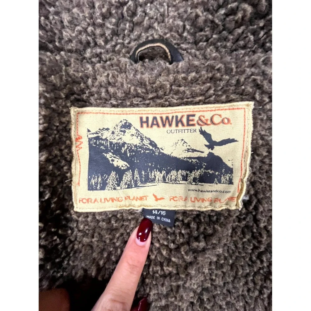 Hawke & Co Outfitter Faux Leather Jacket Youth 14/16 Brown Sherpa Lined Full Zip